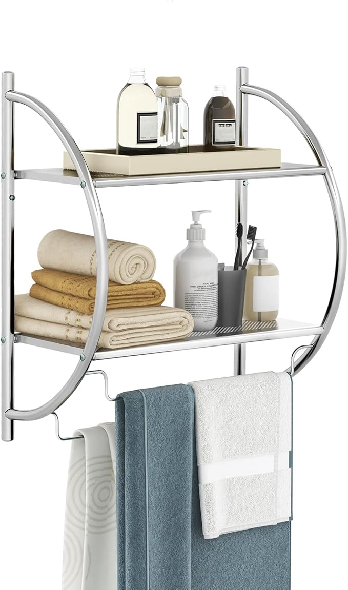 GOFLAME Wall Mounted Bathroom Shelf, 2-Tier Chrome Towel Rack with Leaky Design Shelves, Towel Bars, Chrome Bathroom Shelf for Living Room Kitchen Bathroom (1, Silver)
