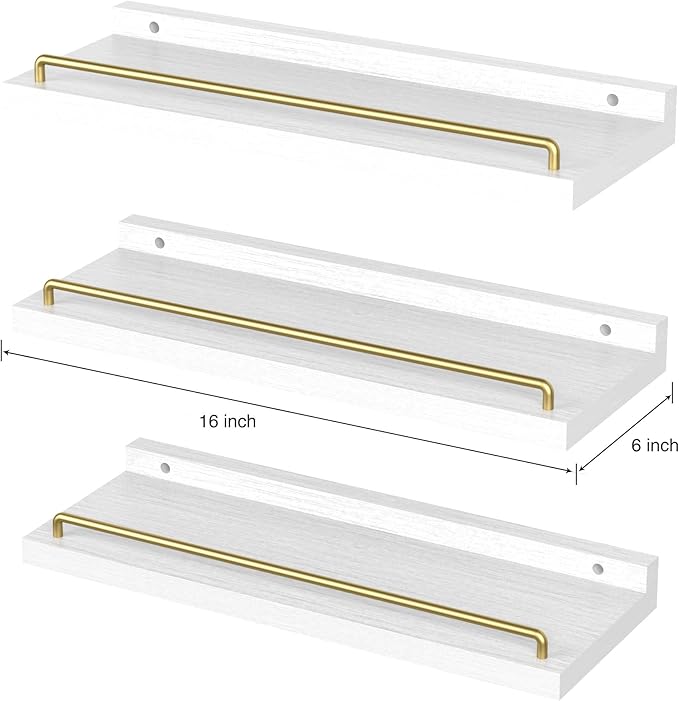 Floating Shelves for Wall Decor, White and Gold Shelves for Bathroom, Living Room, Bedroom, Picture Frames, Plants, Kitchen (Set of 3)