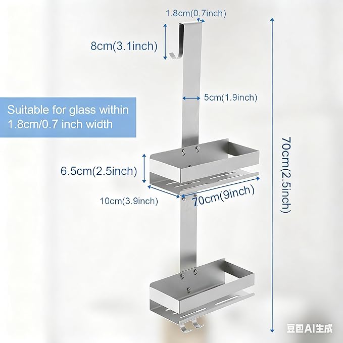 2-Tier Shower Caddy Over Shower Door - Shower Caddy Hanging Rack Organizer No Drilling, Brushed Nickel Stainless Steel Shower Shelf for Bathroom