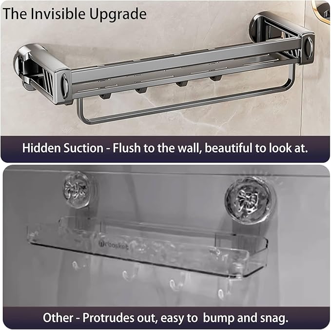 12" Shower Caddy Suction Cup, Concealed Shower Shelves Suction Cup with Hooks & Towel Bar, NO-Drilling Suction Shelf for Bathroom & Kitchen - Gray