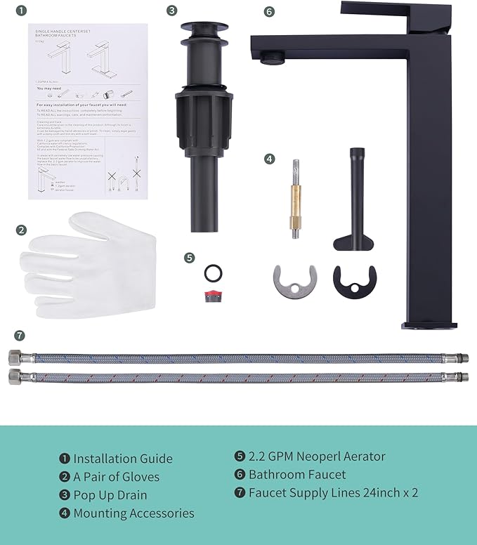 Vessel Sink Faucet Matte Black, ARCORA Single Handle Tall Bathroom Faucet, Single Hole Lavatory Vanity Mixer Tap with Pop Up Drain and Faucet Supply Lines