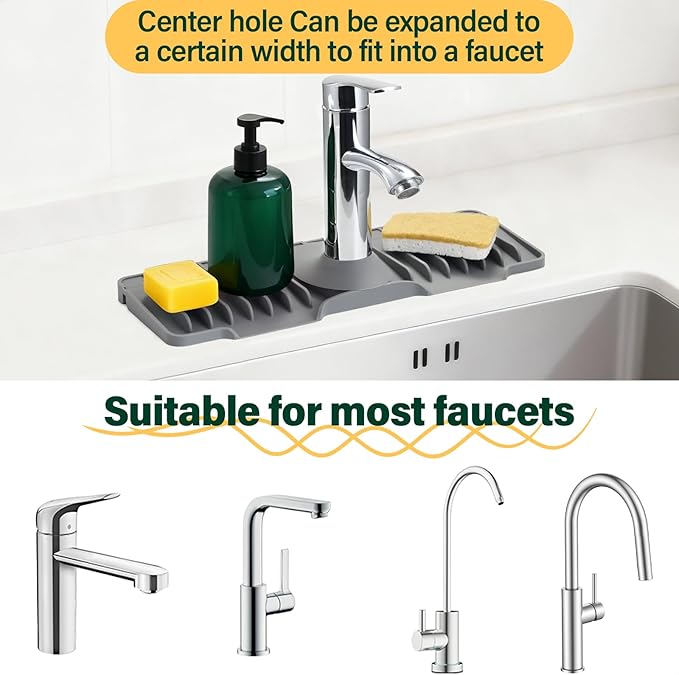 Silicone Faucet Splash Guard Mat for Kitchen Sink - Fast-Drain, Non-Slip Countertop Protector, Water Catcher Tray Behind Faucet, Easy Clean Silicone Drip Mat, 15.75"x 5.51"