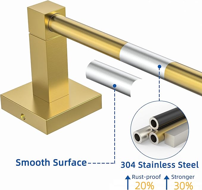 RUACQ Gold Towel Bar 24 inch, 304 Stainless Steel Towel Racks for Bathroom Wall Mounted, Heavy Duty Bath Towel Rod with Square Base（Brushed Gold）