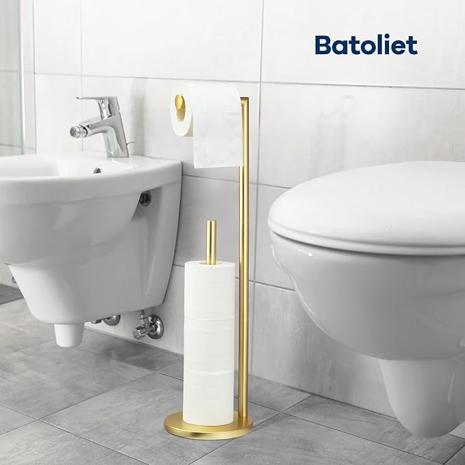 Toilet Paper Holder Stand,Toilet Paper Holder Free Standing,Toilet Paper Roll Holder for 4 Rolls,Gold Bathroom Toilet Paper with Storage…