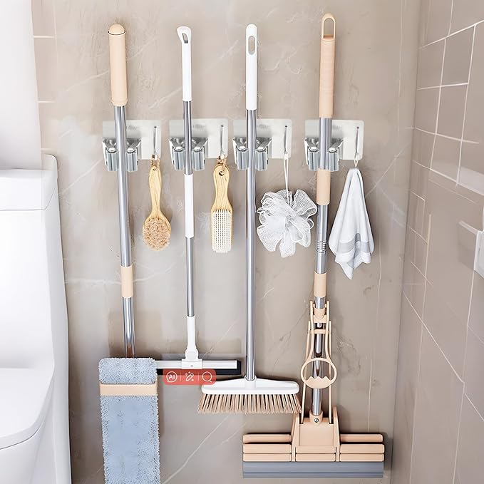 Mop and Broom Rack, Used for Hanging and organizing Tube-Shaped Tools Such as mops and Brooms, with Hooks, Elegantly Releasing Space, Suitable for bathrooms, Kitchens, Offices, etc (Silver)