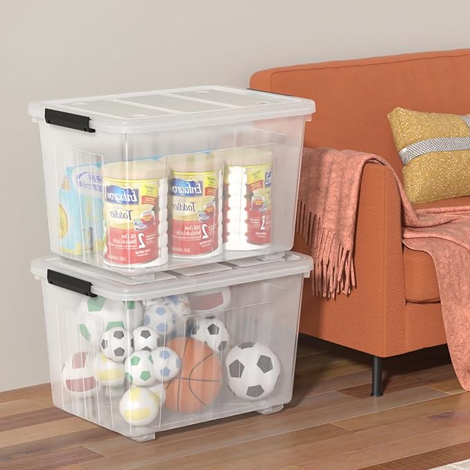 70 Quart Large Plastic Storage Boxes with Wheels, Clear Latching Box, 4 Packs