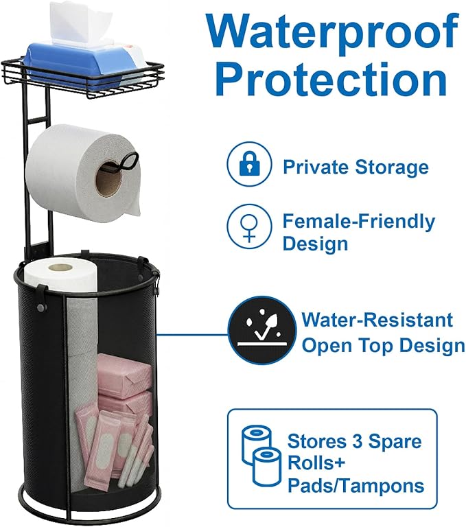 Free Standing Toilet Paper Holder with Storage - Bathroom Toilet Tissue Holder with Waterproof Organizer Bag, Rustproof Metal Toilet Paper Roll Holder with Shelf for Wipes & Phone, Black