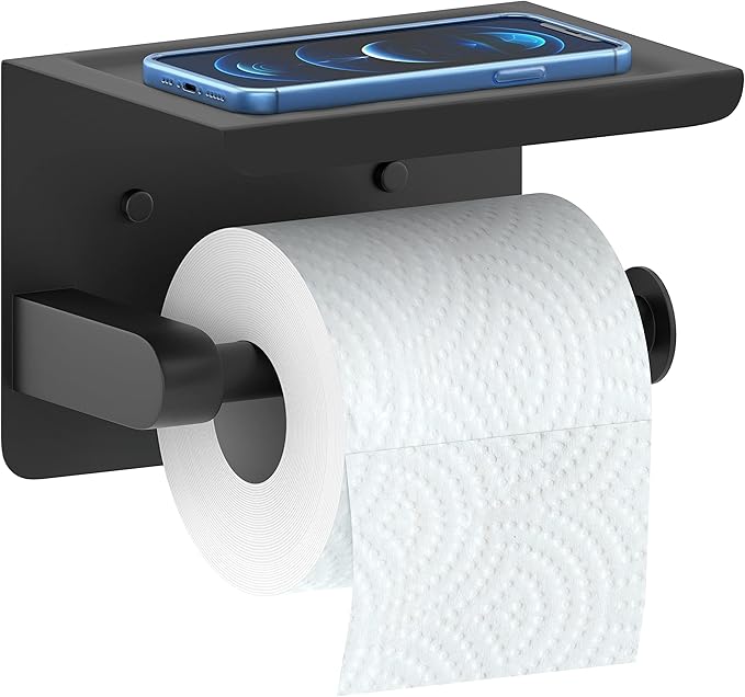 Matte Black Toilet Paper Holder with Shelf, SUS304 Stainless Steel Wall Mounted, Dual Installation Adhesive or Screw, Rustproof Modern Bathroom Tissue Roll Holder