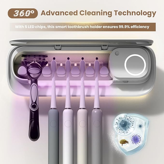 Smart Bathroom Toothbrush Holder, 5 Brush Slots Toothbrush Cleaner with Night Light & Fast Drying, Wall Mounted Rechargeable Toothbrush Organizer for Electric/Manual Toothbrushes (White)