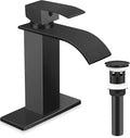 Matte Black Bathroom Faucet 3 Hole, Homikit 18/10 Stainless Steel Single Handle Waterfall Bathroom Sink Faucets Set for Sink 1 or 3 Hole for RV Vanity with Drain, Hooks, Deck Plate, Hoses