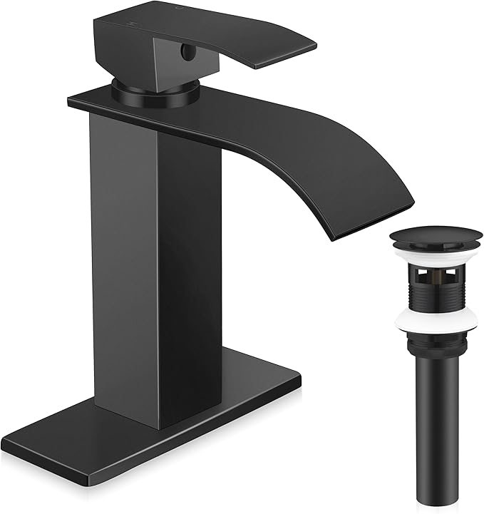 Matte Black Bathroom Faucet 3 Hole, Homikit 18/10 Stainless Steel Single Handle Waterfall Bathroom Sink Faucets Set for Sink 1 or 3 Hole for RV Vanity with Drain, Hooks, Deck Plate, Hoses
