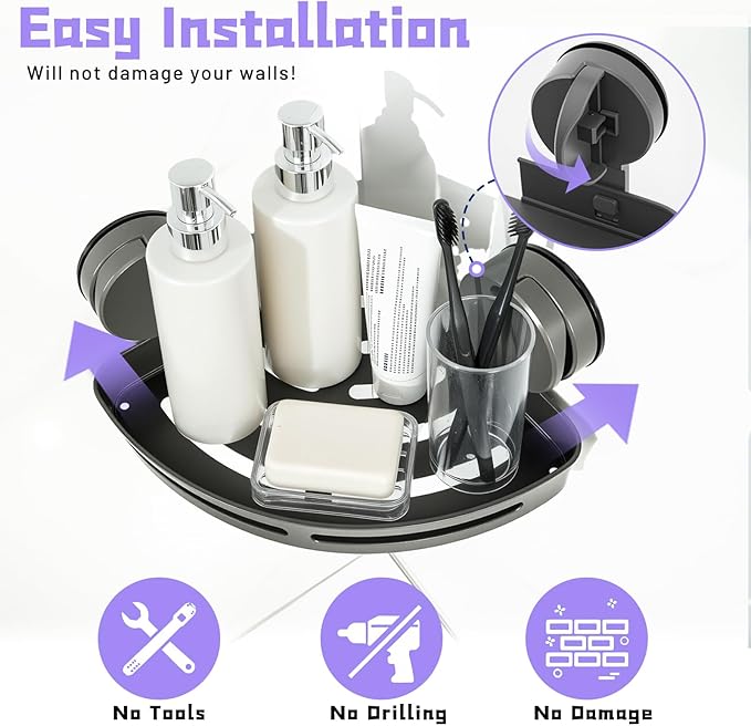 Corner Shower Caddy Suction Cup Shower Shelf Corner No Drilling Bathroom Shower Organizer Storage Rack Suction Cup Type with Towel Bar Hooks (Shower Caddy)