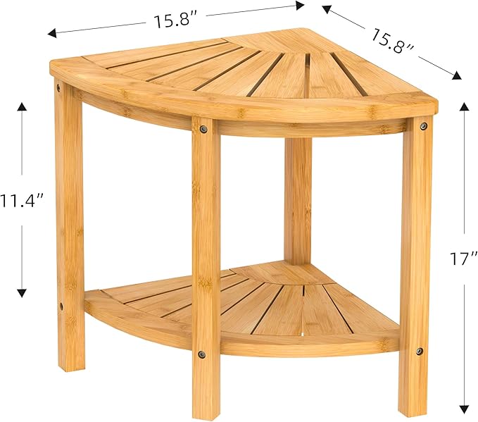 Zhuoyue Bamboo Corner Shower Stool Bench Waterproof with Storage Shelf, for Shaving Legs or Seat in Bathroom & Inside Shower