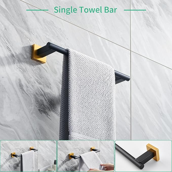 Miyili 4-Piece Bathroom Hardware Kit Set Stainless Steel Wall Mount - Includes Double Towel Bar, Hand Towel Rack, Toilet Paper Holder, Robe Hook, Black & Gold, BS02BG4