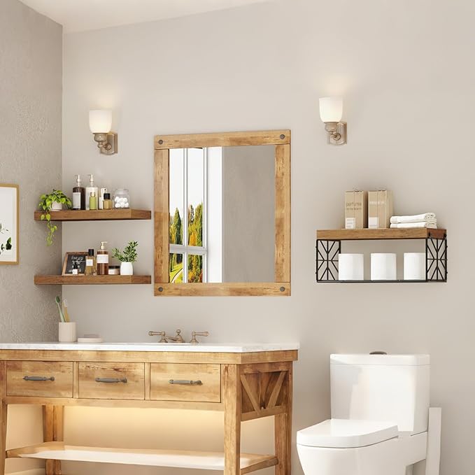 Bathroom Shelves Over Toilet Set of 3, Floating Shelves for Wall Toilet Paper Storage, 1.5" Thick Hanging Shelf, Farmhouse Wall Decor for Bathroom Living Room, Kitchen, Rustic Brown 4001BJBF