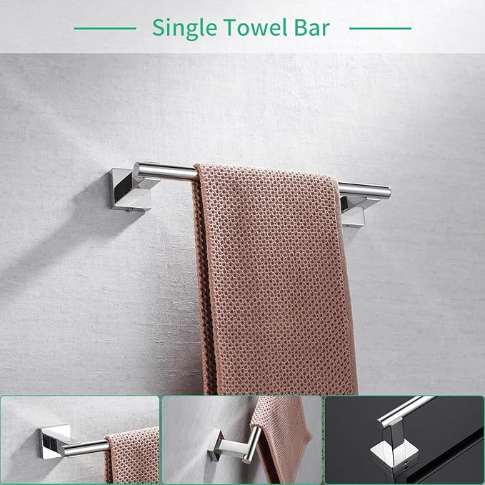 Miyili 4-Pieces Polished Stainless Steel Bathroom Hardware Set Wall Mounted - Includes Double Towel Bar, Hand Towel Rack, Toilet Paper Holder, Robe Hook, BS02C4
