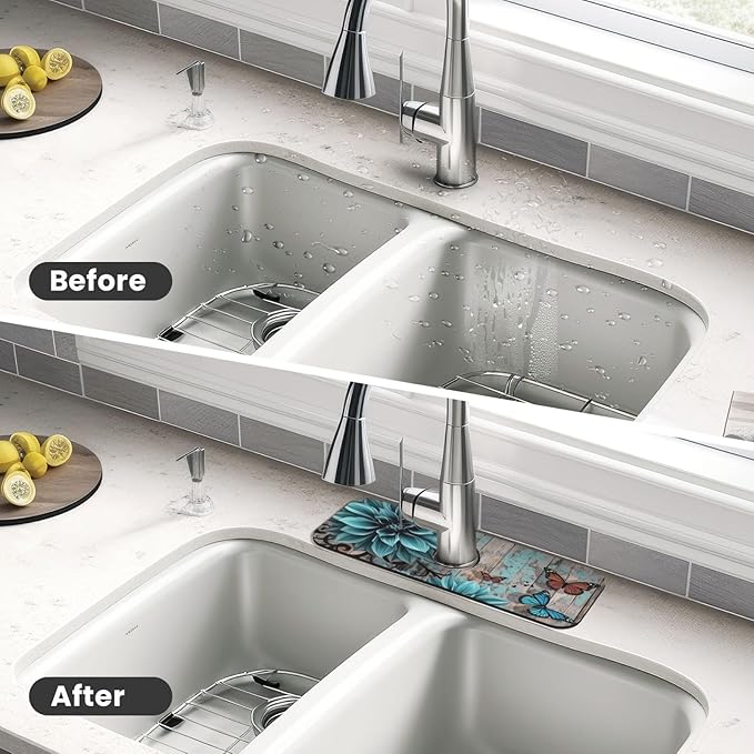 Blue Floral Butterfly 15" X 5.5" Kitchen Sink Splash Guard, Faucet Guard Draining Mat, Faucet Suction Pad For Kitchen Bathroom