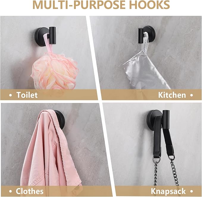 Towel Hooks Shower Suction Hook Towel Hanger for Bathroom Hanging Coat, Robe, Removable Wall Mounted Hook for Bedroom Kitchen Hotel Pool Matte Black(2-Pack)