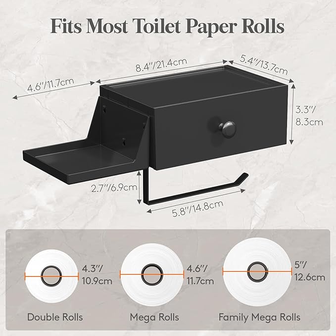 Lifewit Toilet Paper Holder with Shelf and Drawer, Screw or Adhesive Wall Mount Tissue Roll Storage, Dustproof & Flushable Bathroom Wipes Dispenser Organizer, Black, 2 Pack