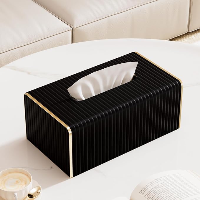Tissue Box Cover,Black Rectangle PU Leather Tissue Holder with Gold-Tone Edging Accents,Tissue Box Cover for Bathroom Toilet Bedroom Living Room Table Desk Office,Countertop