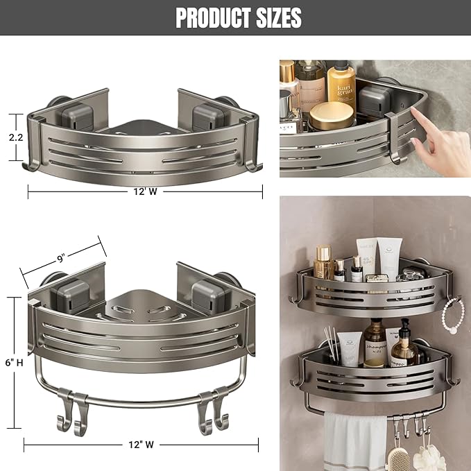 2Pcs Corner Shower Shelf Caddy Suction Cup, No Drill Hole with Towel Bar and Hook, Gray Bathroom Storage Rack, Zero Drill Triangle Shelves, Store Toiletries and Bath Towel for Bathroom Kitchen RV