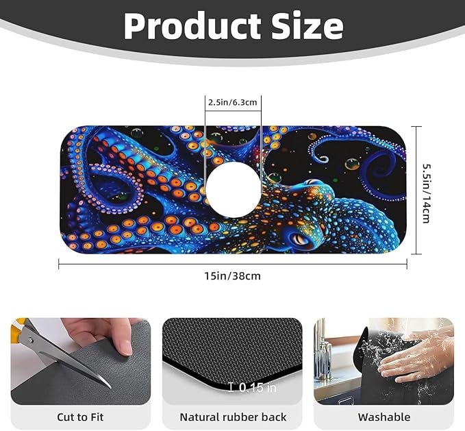Octopus 15" X 5.5" Kitchen Sink Splash Guard, Faucet Guard Draining Mat, Faucet Suction Pad For Kitchen Bathroom