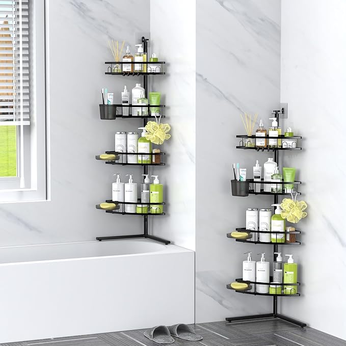 Floor Standing Corner Shower Caddy: 4-tier Rustproof Freestanding Shower Organizer Shelf for Inside - No Drilling Bathroom Rack Stand Black