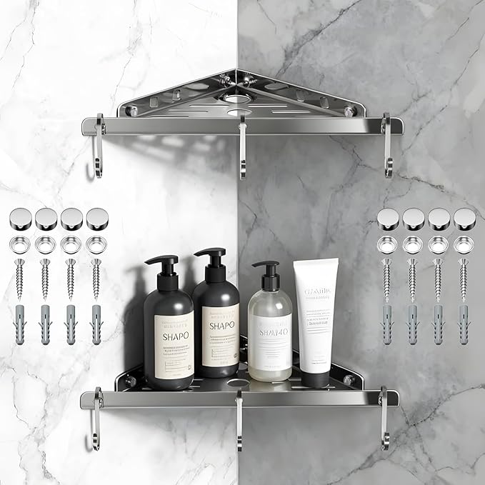 2 Pack Corner Shower Shelf,10" 304 Stainless Steel Bathroom Shelves Add 6 Hooks 40 lbs Heavy Duty Capacity Durable Bathroom Shower Shelf for Inside Shower Drilling Installation (Silver)