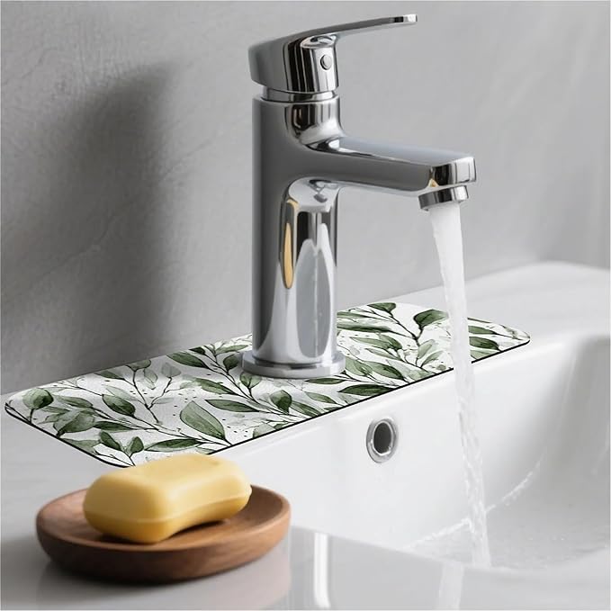 Kitchen Sink Splash Guard，Watercolor-sage foliage Faucet Mat Sink Gadgets-Super Absorbent Fast Drying Mat Drip Catcher for Kitchen, Bathroom,Sink Mat, Dish Drying Mat, Bathroom(15" X 5.5" )