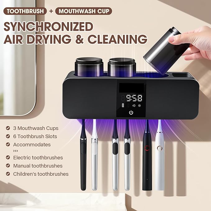 Smart Toothbrush Sterilizer & Holder with Toothpaste Dispenser - Shmian 6-Slots Wall Mounted Cleanser with Rapid Drying, LED Display and 3Cups, Rechargeable for Family Bathroom (Dark Grey)