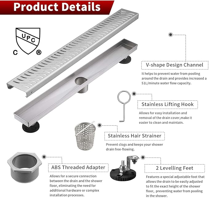 Sharp-tec Linear Shower Drain, 32 inch Shower Drain with Removable Pattern Cover, Brushed Nickel 304 Stainless Steel Rectangle Floor Drain, Adjustable Feet and Hair Strainer Included