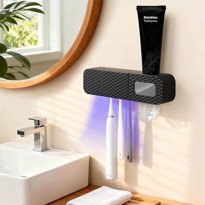Smart Wall-Mounted Toothbrush Holder for Bathroom, Toothbrush Storage Organizer with 3 Slots, Toothbrush Holders with Toothpaste Dispenser for Drying Function (Rubber Paint - Black)