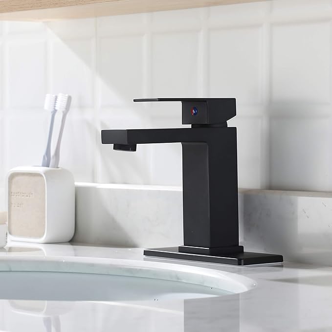 Brass Single-Handle Bathroom Sink Faucet with Escutcheon, Pop Up Drain Stopper & Water Supply Hoses, Matte Black, 14253