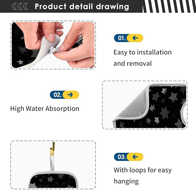 2 PCS Kitchen Sink Splash Guard 30 Inch Faucet Mat for Kitchen Sink Bathroom Sink Faucet Absorbing Drip Drain Mat Pad Microfiber Soft Washable Black and Blue Stars