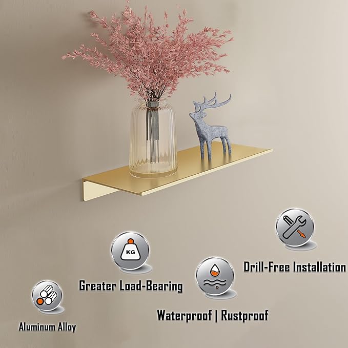 Metal Wall Shelves Set of 2, Brushed Gold Floating Shelf, 30CM Wall Decorative Shelf for Photos, Collectibles, Vases, Trinkets, Crafts, Trophy, etc. Shower Caddy