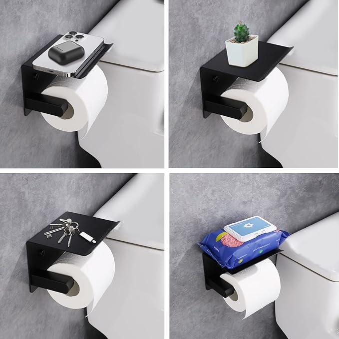 Adhesive Toilet Paper Holder with Phone Shelf Paper Tissue Holder Storage 304 Stainless Steel Wall Mounted Toilet Roll Holder Dispenser,Paper Holder with Shelf Bathroom Organizer White