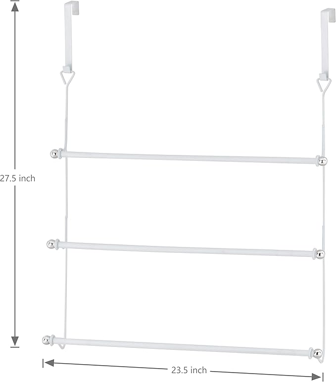 MyGift White Metal 3-Tier Over The Door Towel Rack - Bathroom Door Towel Holder, Over Shower Door Drying Rack for Small Spaces