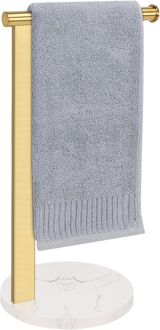 Hand Towel Holder Stand for Bathroom, L- Shaped Standing Hand Towel Rack, Towel Bar Kitchen Vanity Countertop Organizer, SUS304 Stainless Steel Material (Marble Base, Gold)