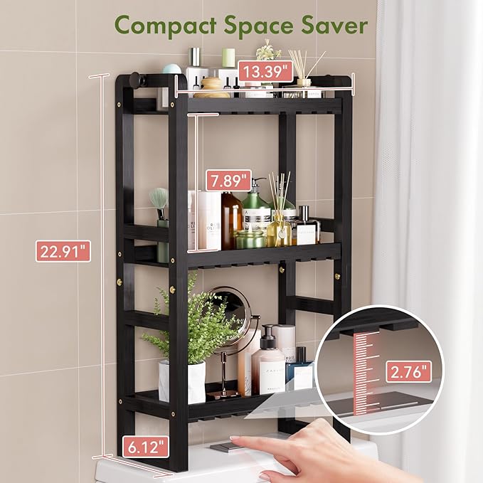 AmazerBath Bamboo Over The Toilet Storage Shelf - 3-Tier Bathroom Organizers and Storage Shelves, 2 in 1 Dual Stable Above Over Toilet Bamboo Shelf Home Storages Rack for Small Bathroom, Black