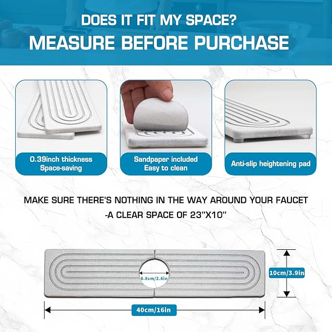 White Diatomite Faucet Mat,Fast-Drying Stone Sink Tray&Splash Guard for Kitchen & Bathroom Sink | Ultra Absorbent Diatomite Countertop Protector(Rectangle,15.7" x 4")