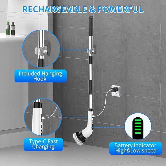 Electric Spin Scrubber Cordless Cleaning Brush with Extension Handle, 2 Adjustable Speeds, Shower Scrubber with 10 Replaceable Brush Heads, IPX7 Waterproof Power Scrubber for Bathtub Tile Floor, Green
