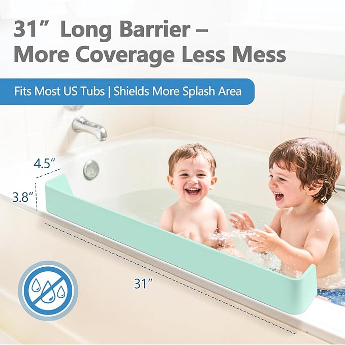 2.6-Ft Bathtub Splash Guard for Tub Kids, Silicone Splash Shield with 11 Suction Cups, Toy Tray Shelf, No Spill Water Barrier, Prevents Mess, Fun Bathtime for Toddlers Baby–Green
