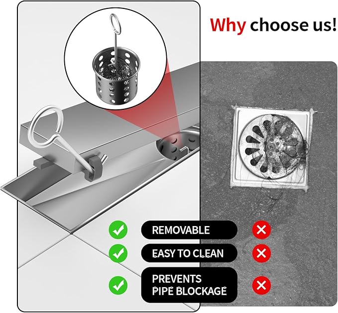 Linear Shower Drain, 304 Stainless Steel with Adjustable Leveling Feet, Hair Strainer,Reversely Install Place to Create an Invisible Floor Drain - Silver -54-Inch