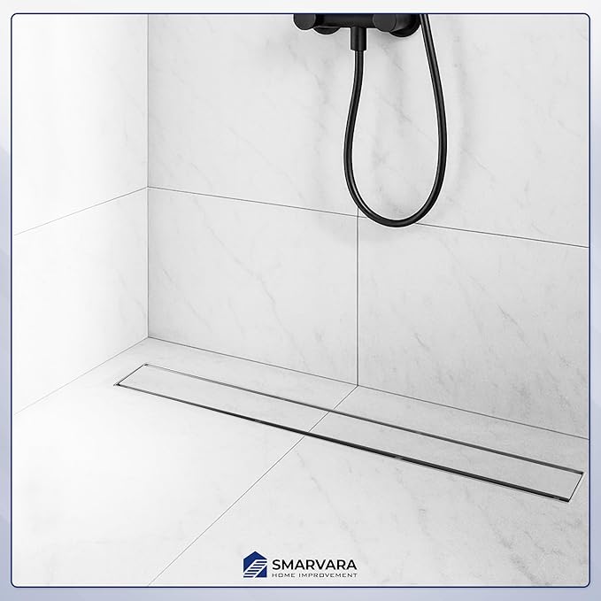 Linear Shower Drain 24 inch with 2-in-1 Flat & Tile Insert Cover - Brushed 304 Stainless Steel Shower Floor Drain - Bathroom Drain with Reversible Cover & Hair Catcher - Includes Cleaning Tools