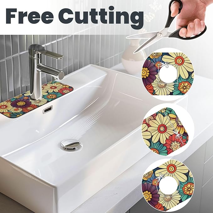 Kitchen Faucet Mat 15 x 5.5 Inch Abstract retro flower Faucet Draining Mat Farmhouse Absorbent Drying Mat Sink Splash Guard Behind Faucet Drip Catcher for Kitchen Bathroom