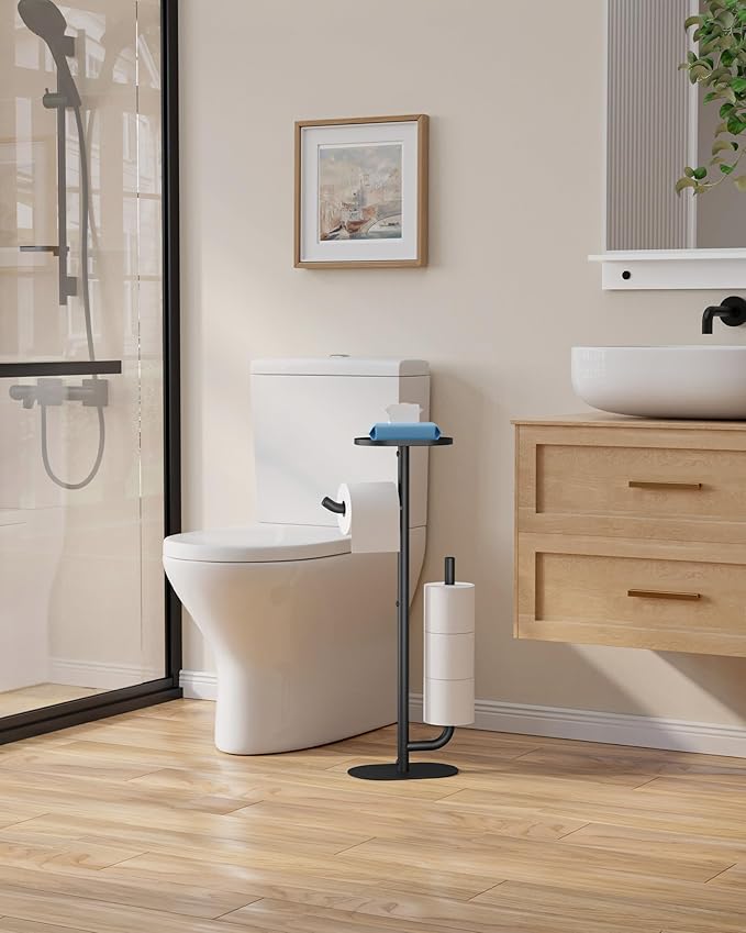 Kitsure Toilet Paper Holder Stand - Spacious Toilet Paper Storage for 4 Rolls, Rustproof Bathroom Organizers and Storage with Shelf for Phone & Small Items, 9.1"×5.8"×27.6", Black