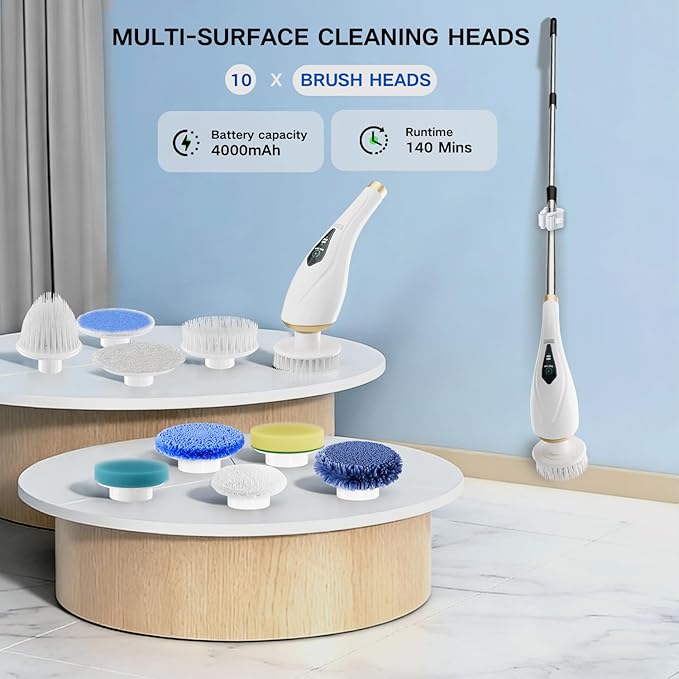 Electric Spin Scrubber with 10 Replaceable Brush Heads, Extendable Handle Up to 59", 2 Speed Modes, Waterproof, Cordless Cleaning Brush, 2H Cleaning Time,Perfect for Home, Bathroom,Kitchen