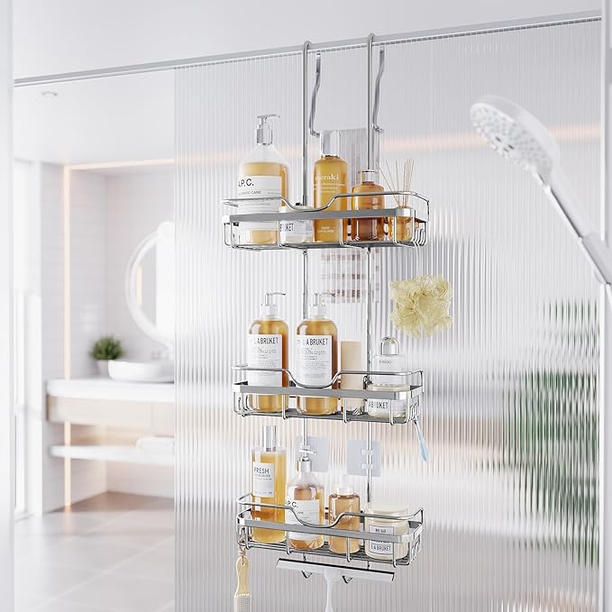 Shower Caddy Over the Door Organizer: Bath Rack Hanging Over Glass with Hooks - Storage Shelf Inside Bathroom for Shampoo - Sliver