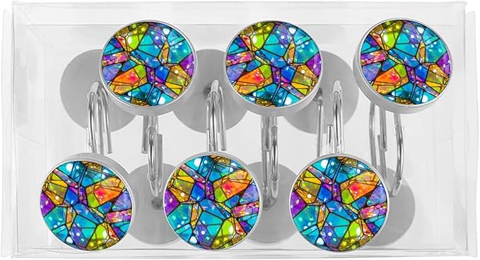Shower Curtain Hooks,12 Pcs Irregular Color Pattern Rust Proof Glass Surface Stainless Steel Curtain Rings for Bathroom Bedroom Living Room Kitchen Home Shower Rods Decor