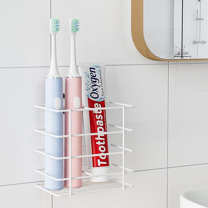 Shower Toothbrush Holder Wall Mounted, Adhesive Toothpaste Organizer for Bathroom Wall, Hanging Razor Tooth Brush Holder Caddy with Drainage, White RV Camper Bathroom Organizers and Storage